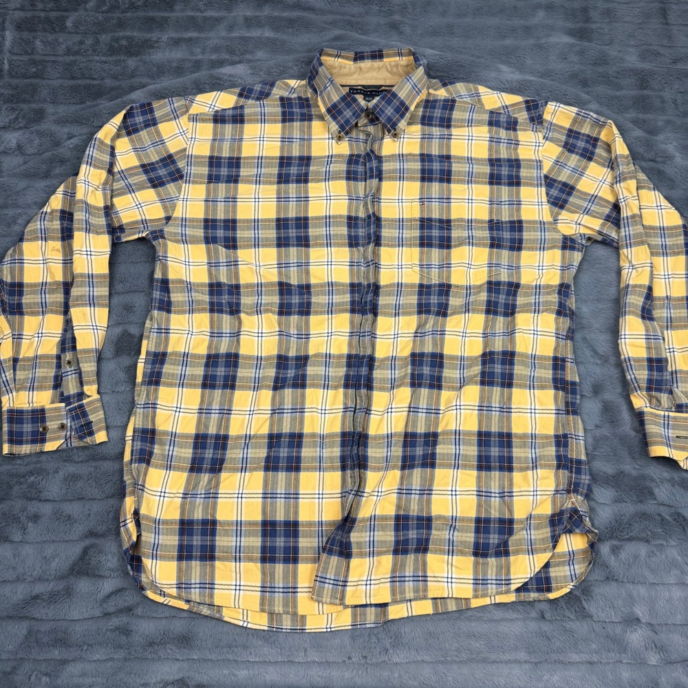 Tommy Hilfiger Mens XL Plaid Button Down Shirt Yellow Blue Long Sleeve Cotton